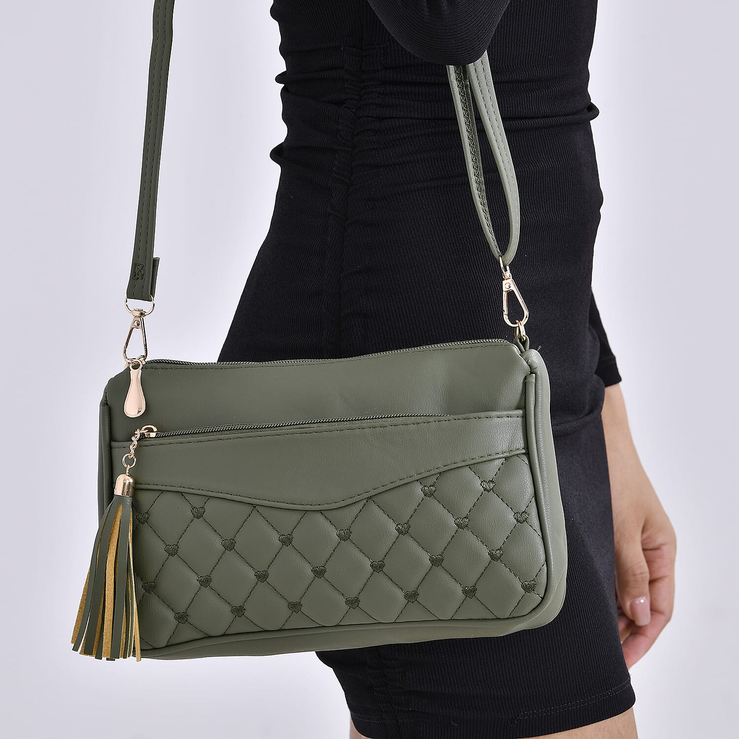 Quilted Messenger Crossbody Bag (Size 25x7x16 cm) - Green & Black