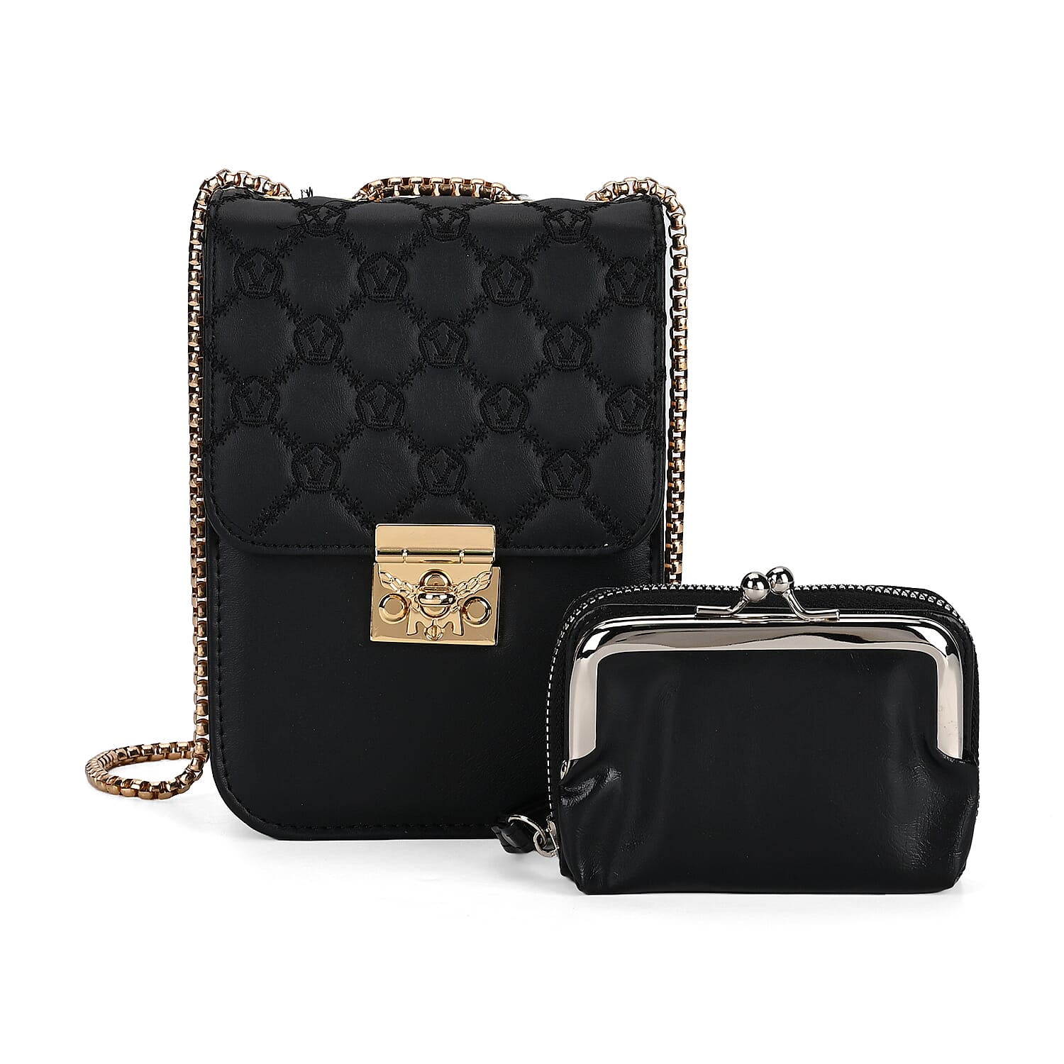 Elegant Monogram Quilted Phone Bag with Matching Clutch Card Holder - Black Elegant Monogram Quilted Phone Bag with Matching Clutch Card Holder - Black