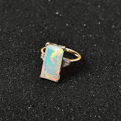 9K Yellow Gold AAA Ethiopian Welo Opal & Moissanite Ring 4.60 Ct