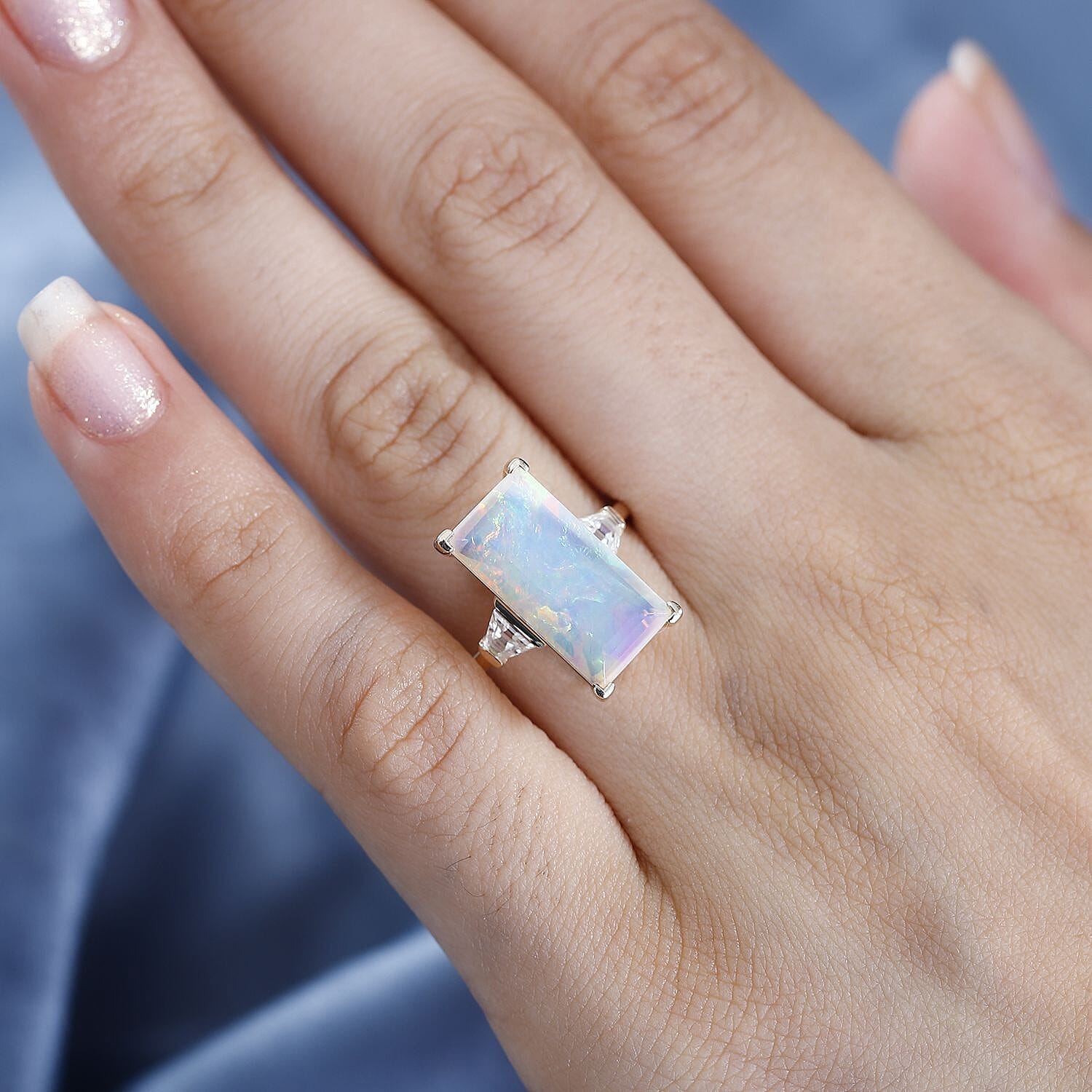 9K Yellow Gold AAA Ethiopian Welo Opal & Moissanite Ring 4.60 Ct