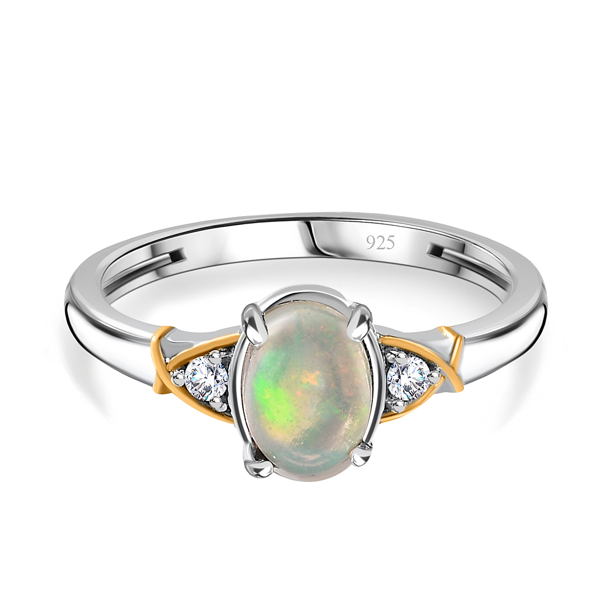 Ethiopian Opal ,  White Zircon  Solitaire Ring  Sterling Silver 0.76 ct  0.545  Ct.