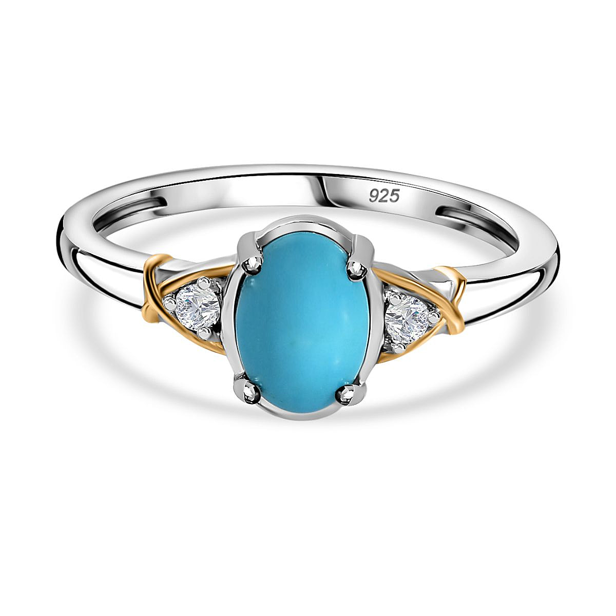Arizona Sleeping Beauty Turquoise & Natural Zircon Ring in 18K Vermeil YG & Platinum Plated Sterling Silver