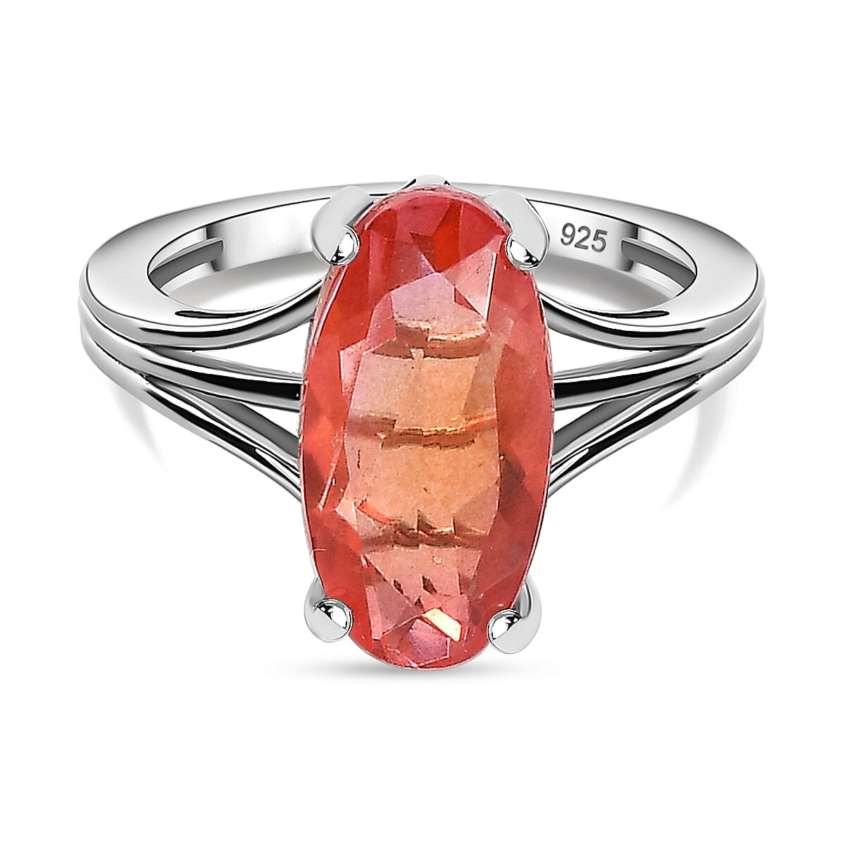 Padparadscha Triplet Quartz Solitaire Ring in Platinum Overlay Sterling Silver 3.50 Ct