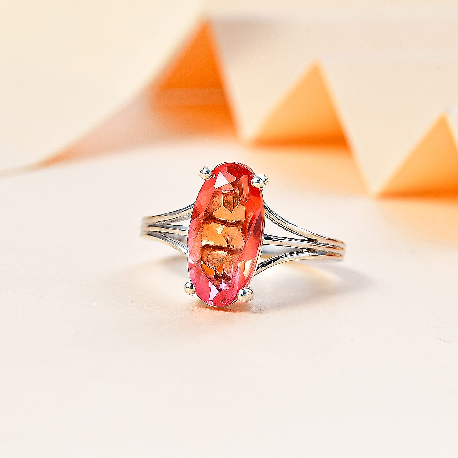 Padparadscha Triplet Quartz Solitaire Ring in Platinum Overlay Sterling Silver 3.50 Ct