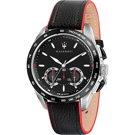 Maserati Quartz Movt. 10 ATM Water Resistant Chronograph Mens Watch with Black Genuine Leather Strap