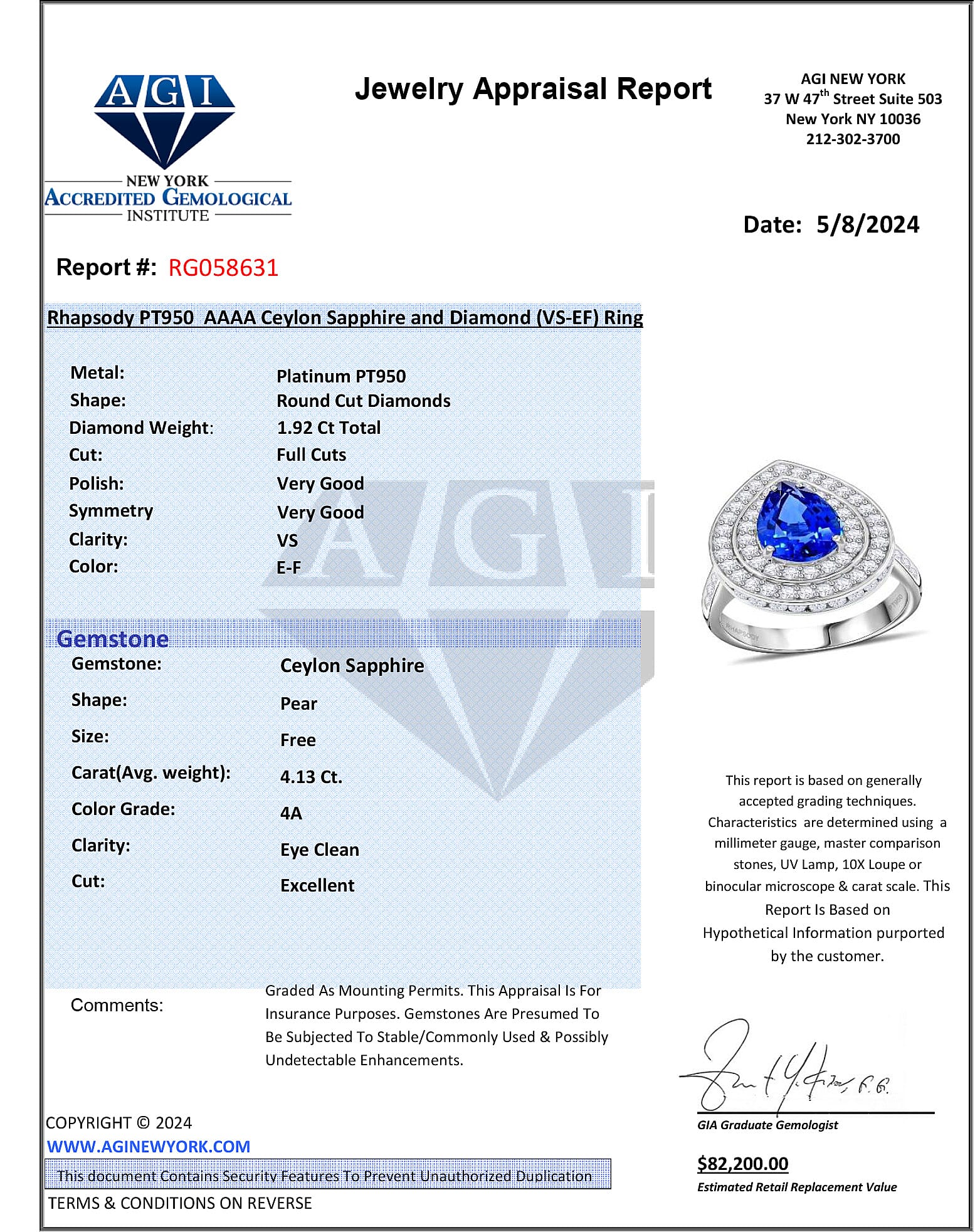 Certified and Appraised RHAPSODY 950 Platinum AAAA Royal Ceylon Sapphire, Diamond Ring 6.05 Ct