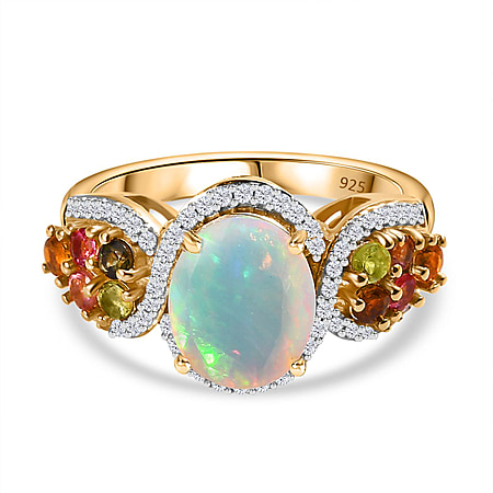 Ethiopian Welo Opal, Natural Zircon and Multi-Tourmaline Ring in 18K Yellow Gold Vermeil Plated Sterling Silver 2.60 Ct