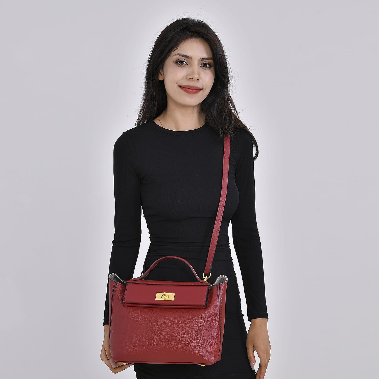 Genuine Leather Crossbody Bag with Handle Drop - Burgundy