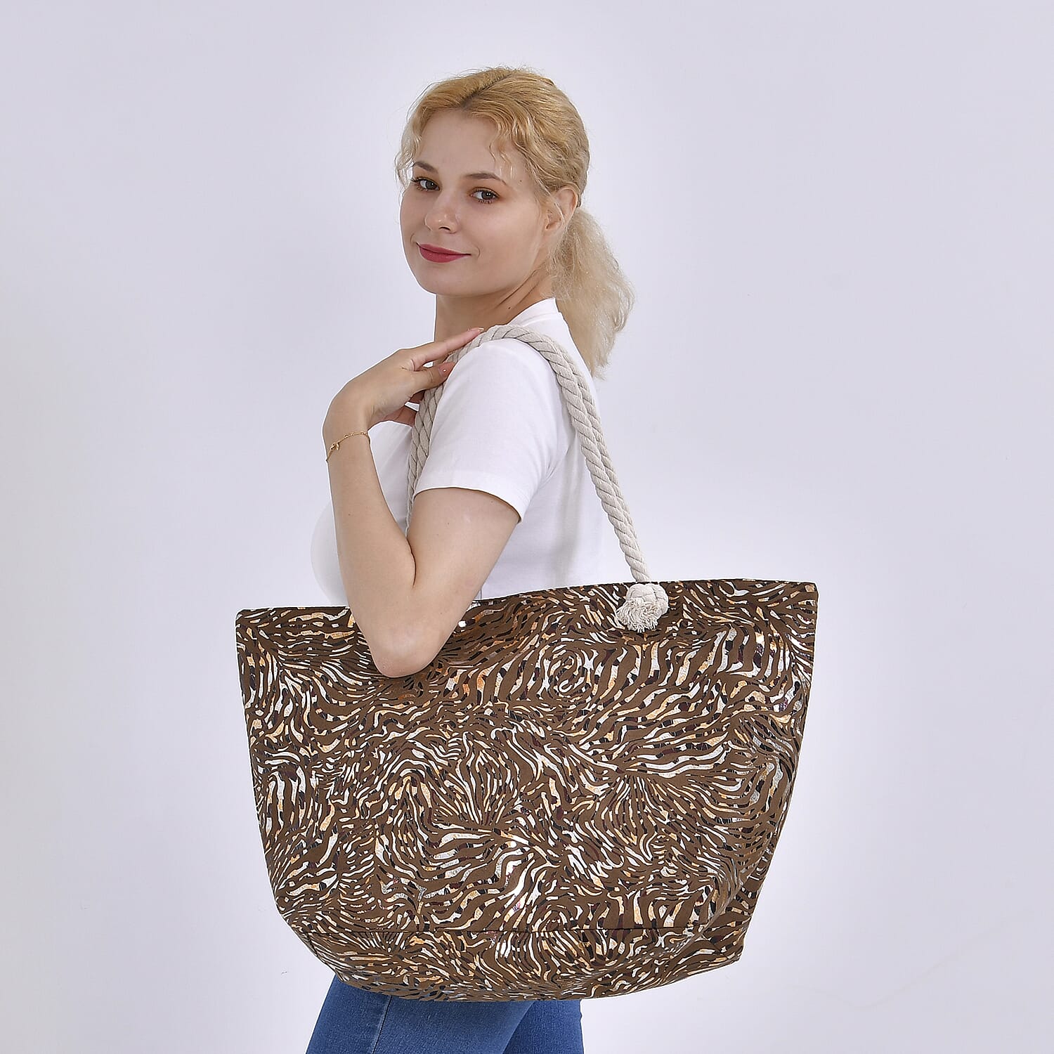 Zebra pattern large size tote bag with rope handle (Size 38x20x38 cm) - Brown