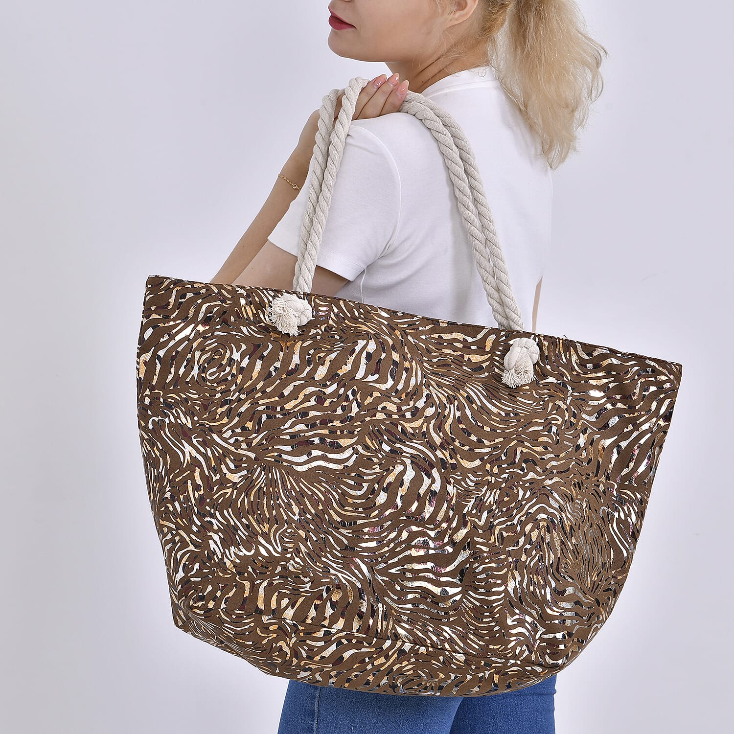 Zebra pattern large size tote bag with rope handle (Size 38x20x38 cm) - Brown