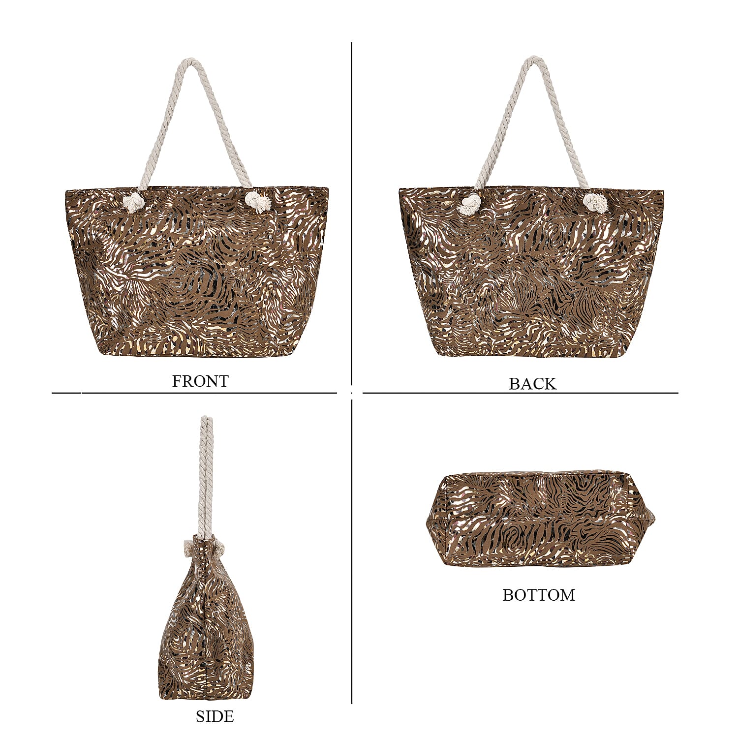 Zebra pattern large size tote bag with rope handle (Size 38x20x38 cm) - Brown