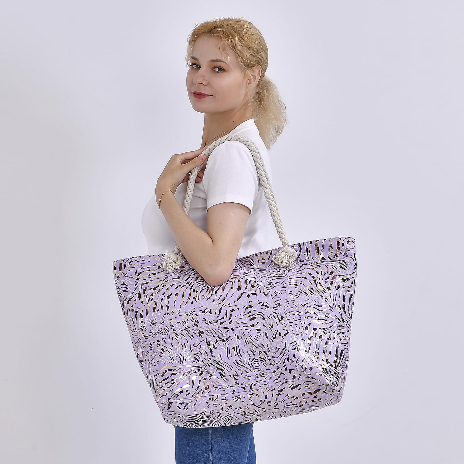 Zebra pattern large size tote bag with rope handle - Purple