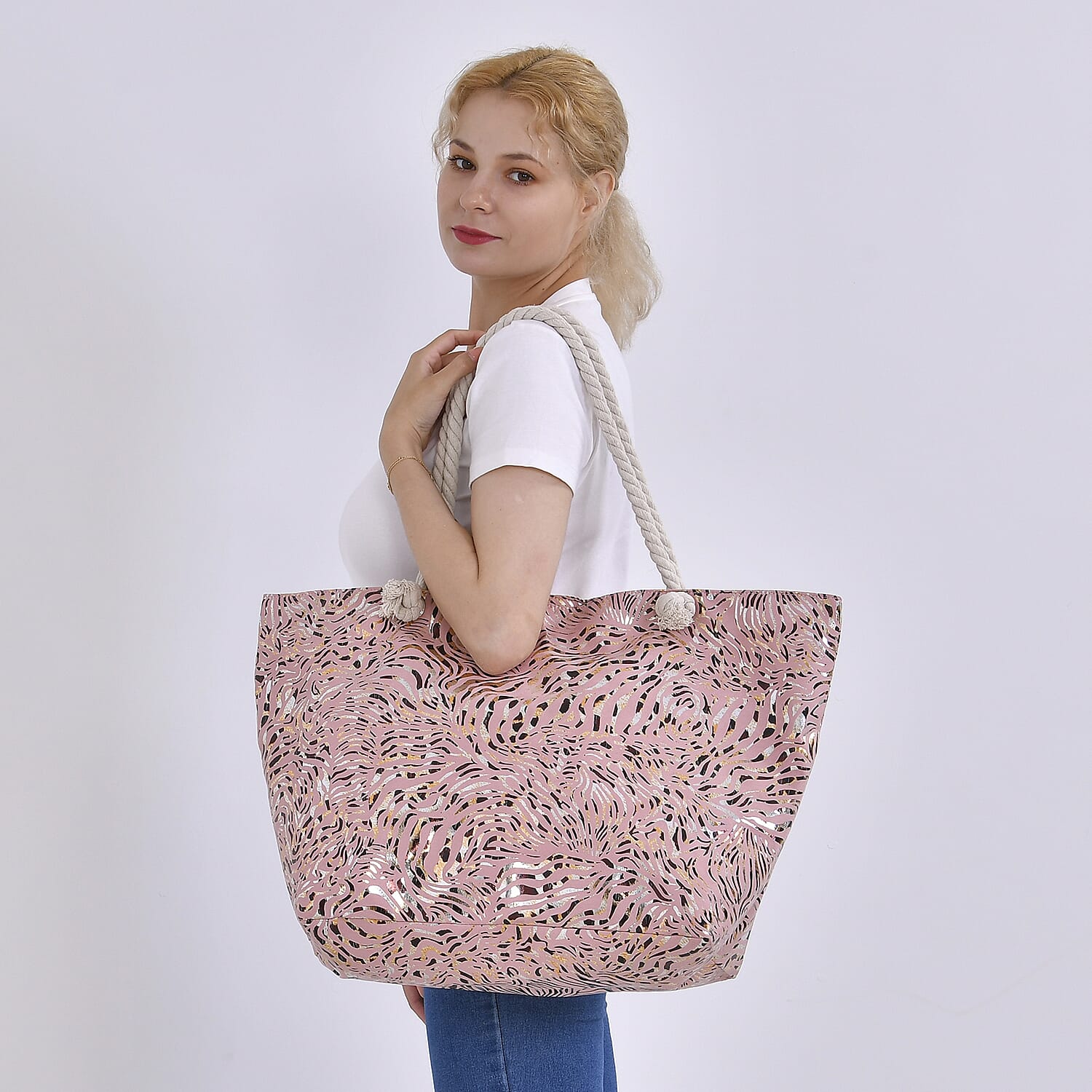 Zebra pattern large size tote bag with rope handle (Size 38x20x38 cm) - Pink & Black