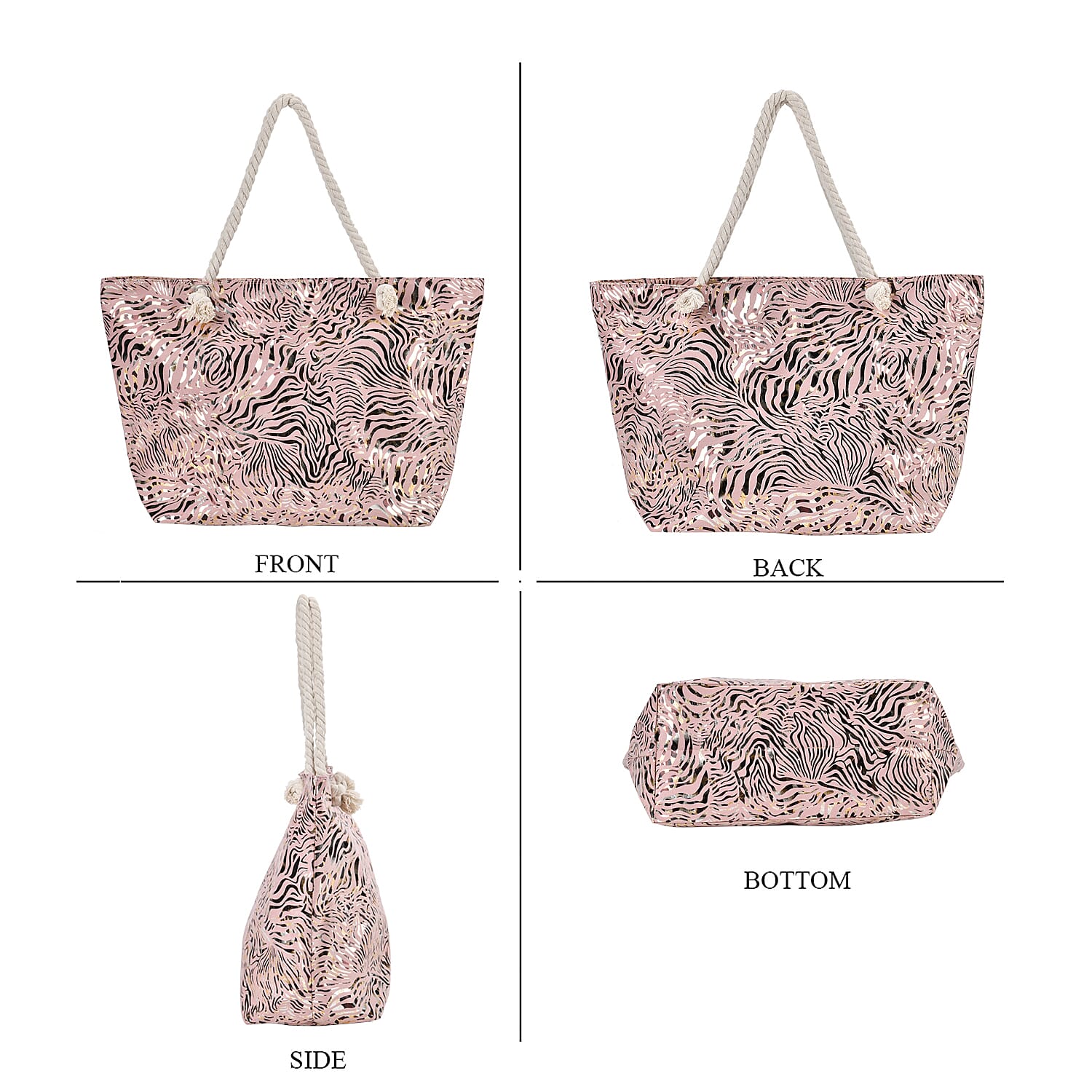 Zebra pattern large size tote bag with rope handle (Size 38x20x38 cm) - Pink & Black