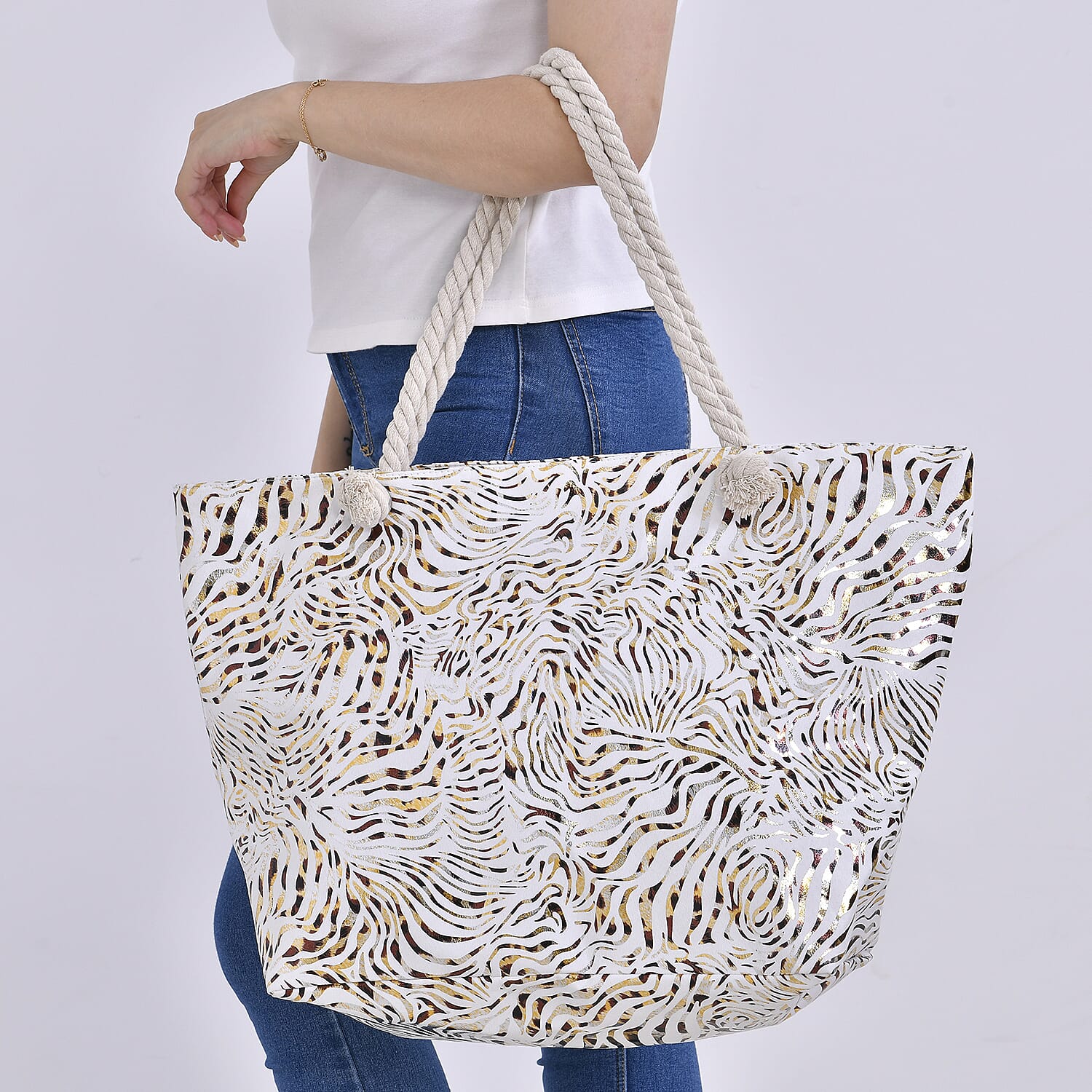 Zebra pattern large size tote bag with rope handle (Size 38x20x38 cm) - White & Black