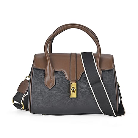 Genuine Leather Elegant Two-Tone Satchel Handbag With 2 Long Shoulder Strap - Black With Brown