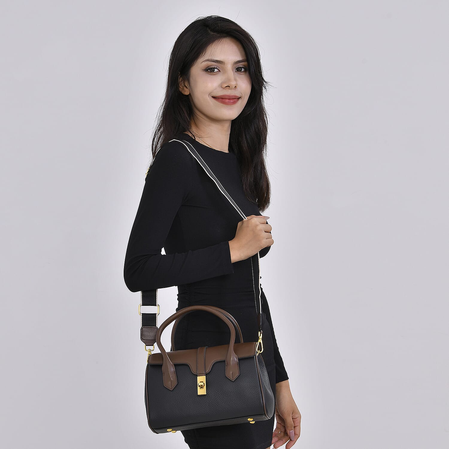 Genuine Leather Crossbody Bag with Handle Drop - Black & Brown