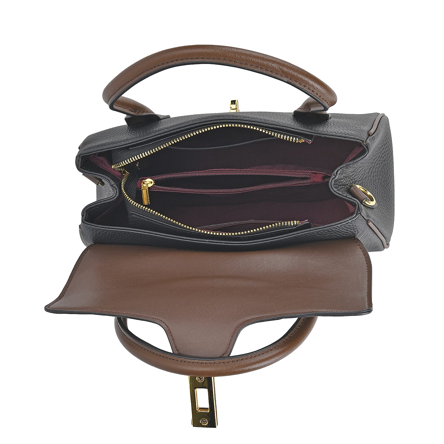 Genuine Leather Elegant Two-Tone Satchel Handbag With 2 Long Shoulder Strap - Black With Brown Genuine Leather Elegant Two-Tone Satchel Handbag With 2 Long Shoulder Strap - Black With Brown