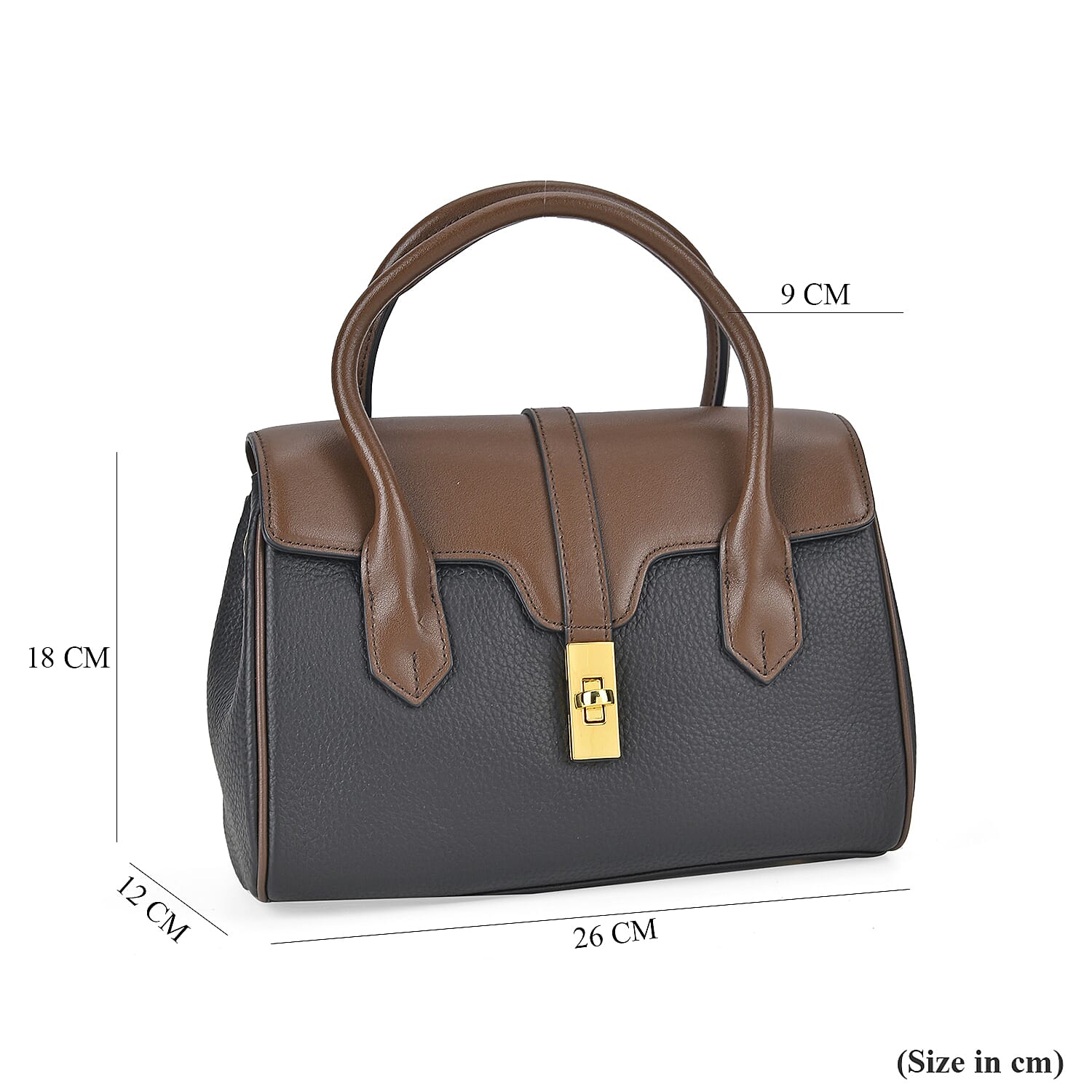Genuine Leather Elegant Two-Tone Satchel Handbag With 2 Long Shoulder Strap - Black With Brown Genuine Leather Elegant Two-Tone Satchel Handbag With 2 Long Shoulder Strap - Black With Brown