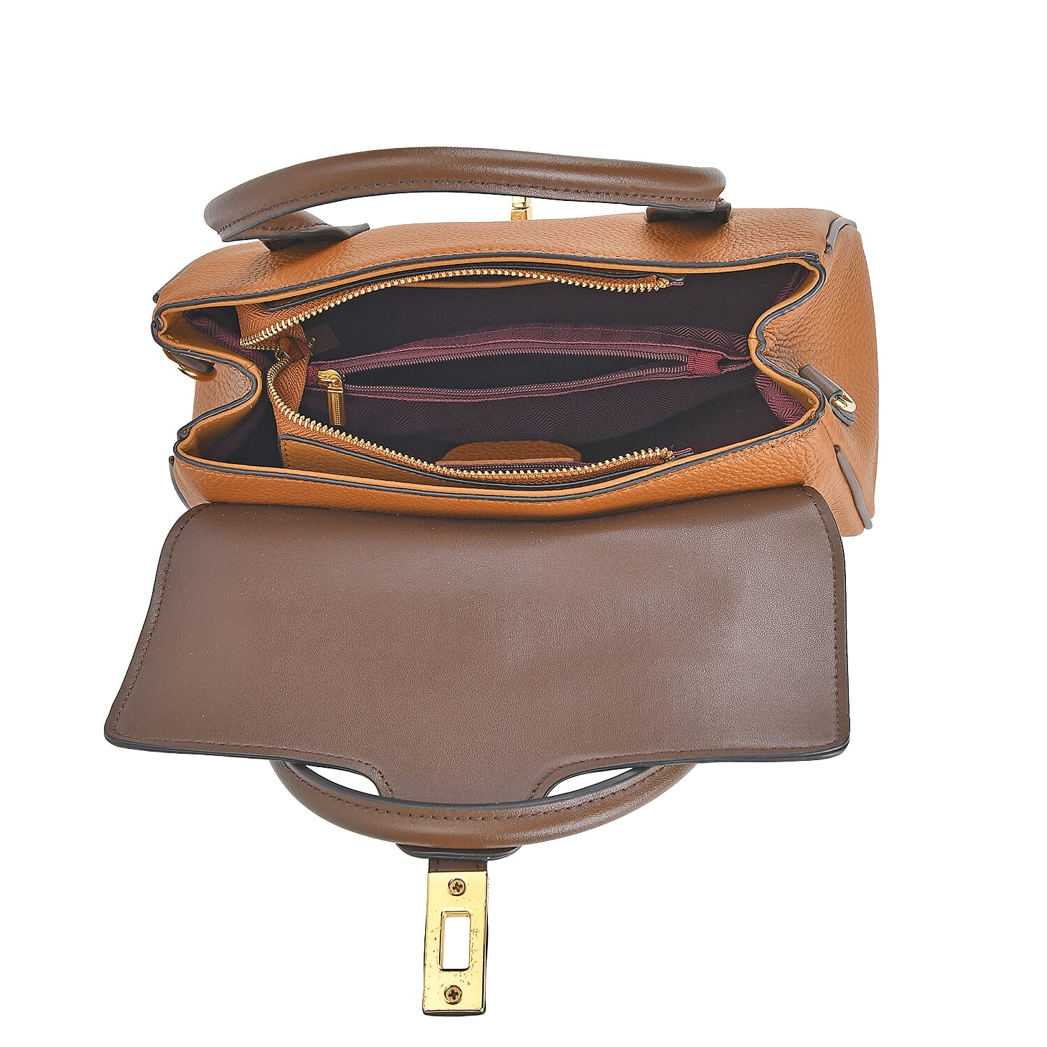 Genuine Leather Elegant Two-Tone Satchel Handbag With 2 Long Shoulder Strap - Tan With Brown