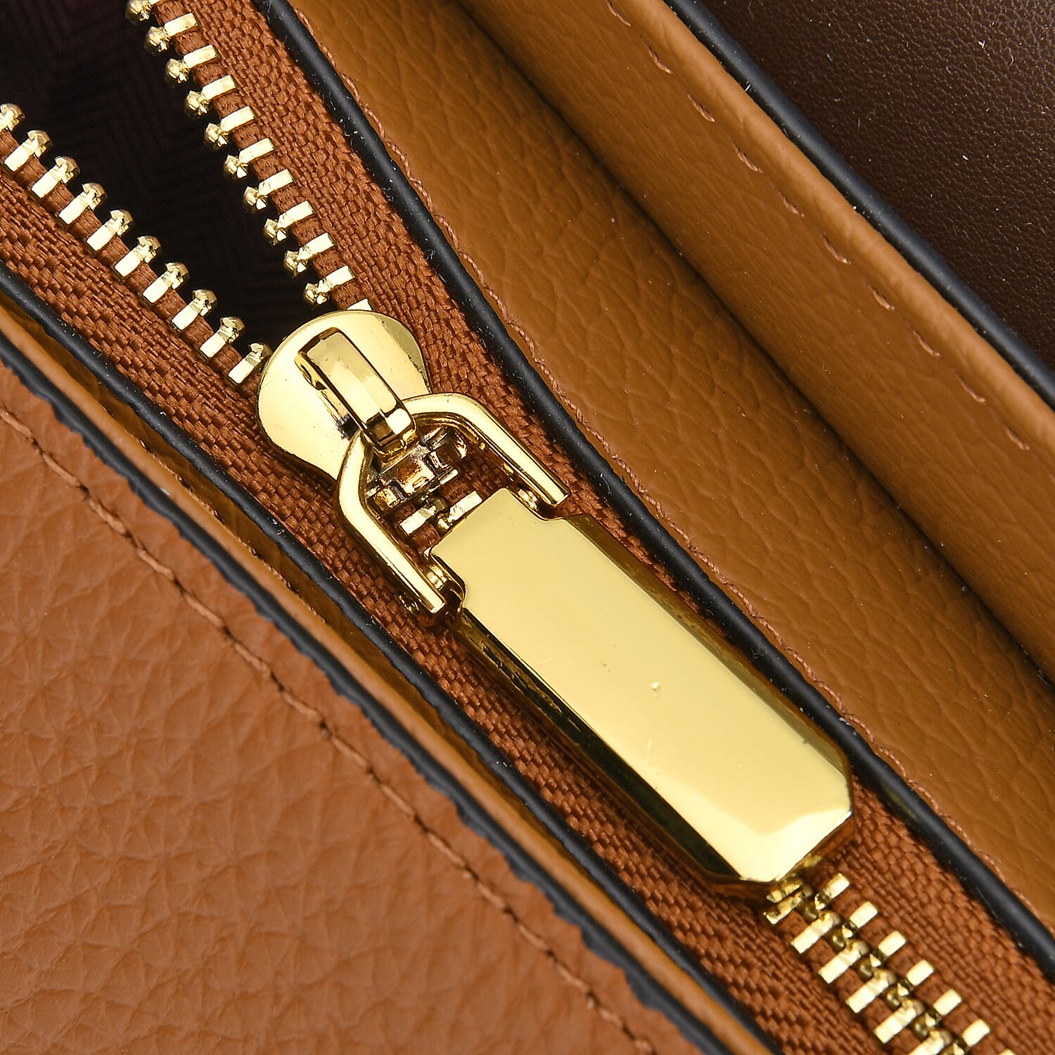 Genuine Leather Elegant Two-Tone Satchel Handbag With 2 Long Shoulder Strap - Tan With Brown