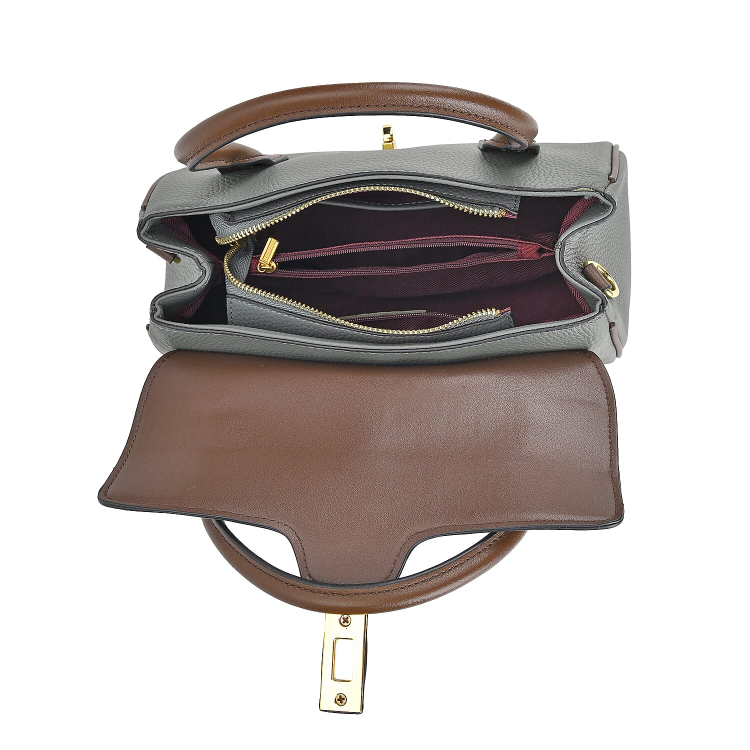 Genuine Leather Elegant Two-Tone Satchel Handbag With 2 Long Shoulder Strap - Blue And Grey With Brown