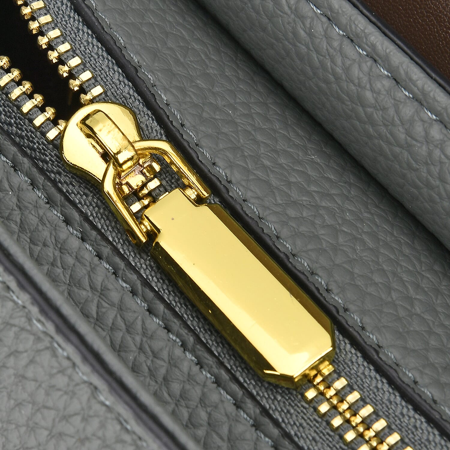 Genuine Leather Elegant Two-Tone Satchel Handbag With 2 Long Shoulder Strap - Blue And Grey With Brown