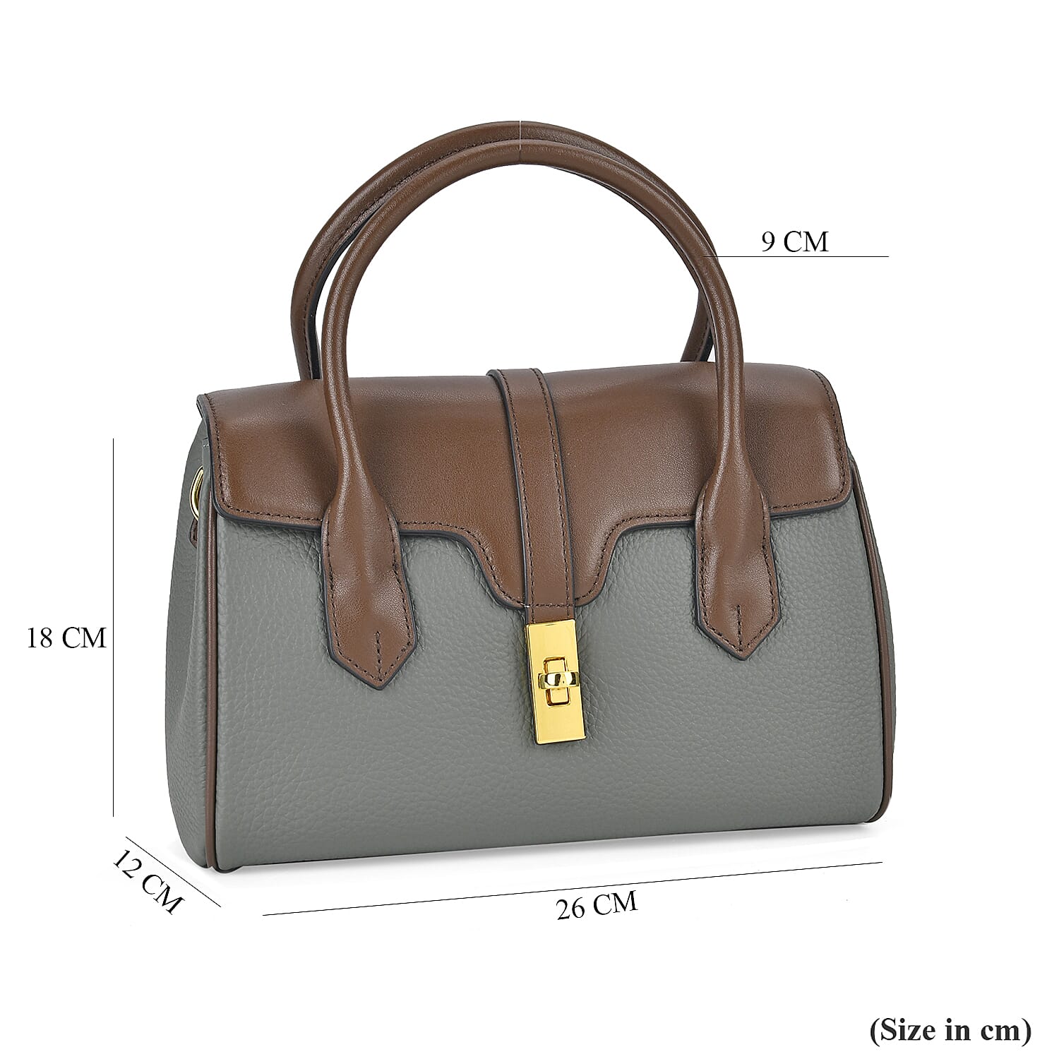 Genuine Leather Elegant Two-Tone Satchel Handbag With 2 Long Shoulder Strap - Blue And Grey With Brown