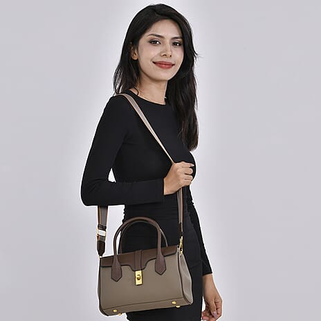 Genuine Leather Elegant Two-Tone Satchel Handbag With 2 Long Shoulder Strap - Khaki With Brown