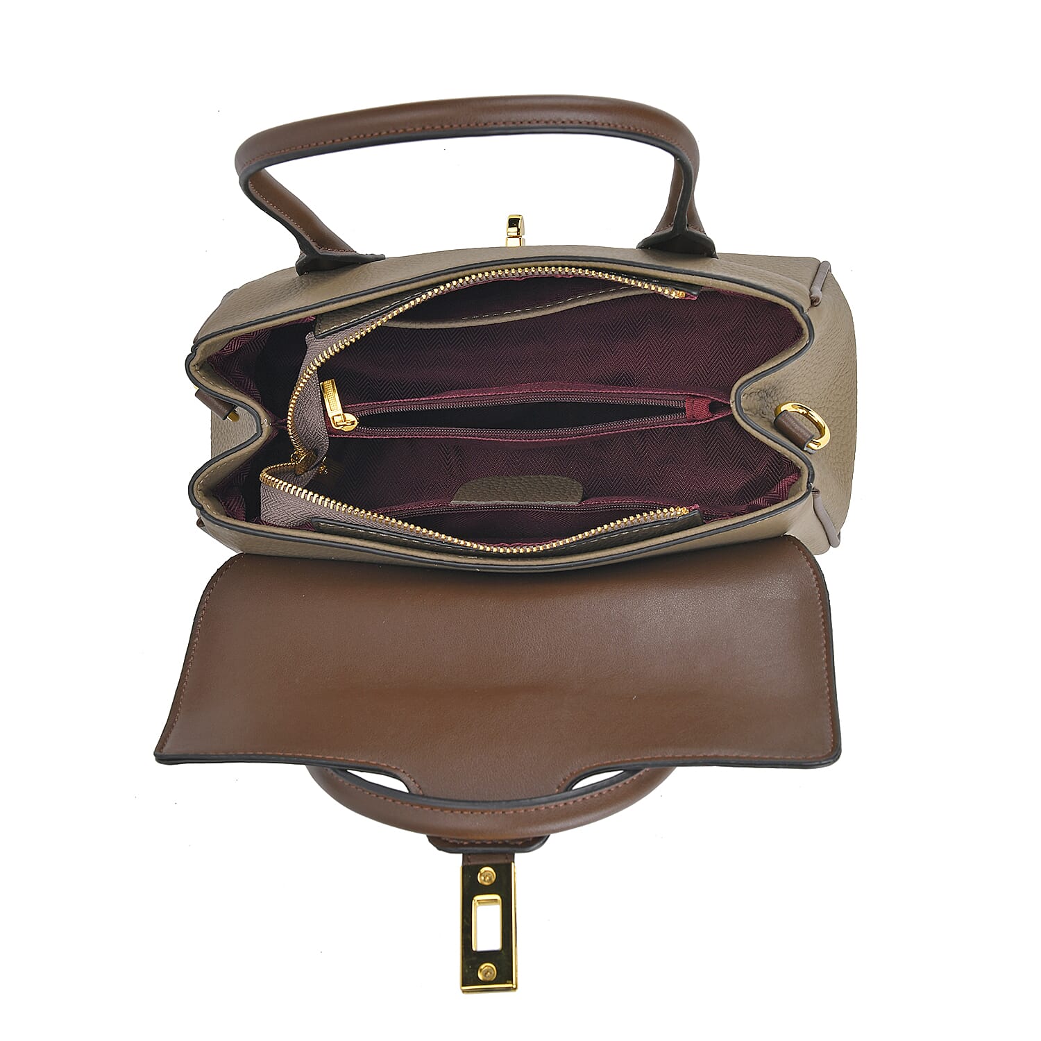 Genuine Leather Elegant Two-Tone Satchel Handbag With 2 Long Shoulder Strap - Khaki With Brown