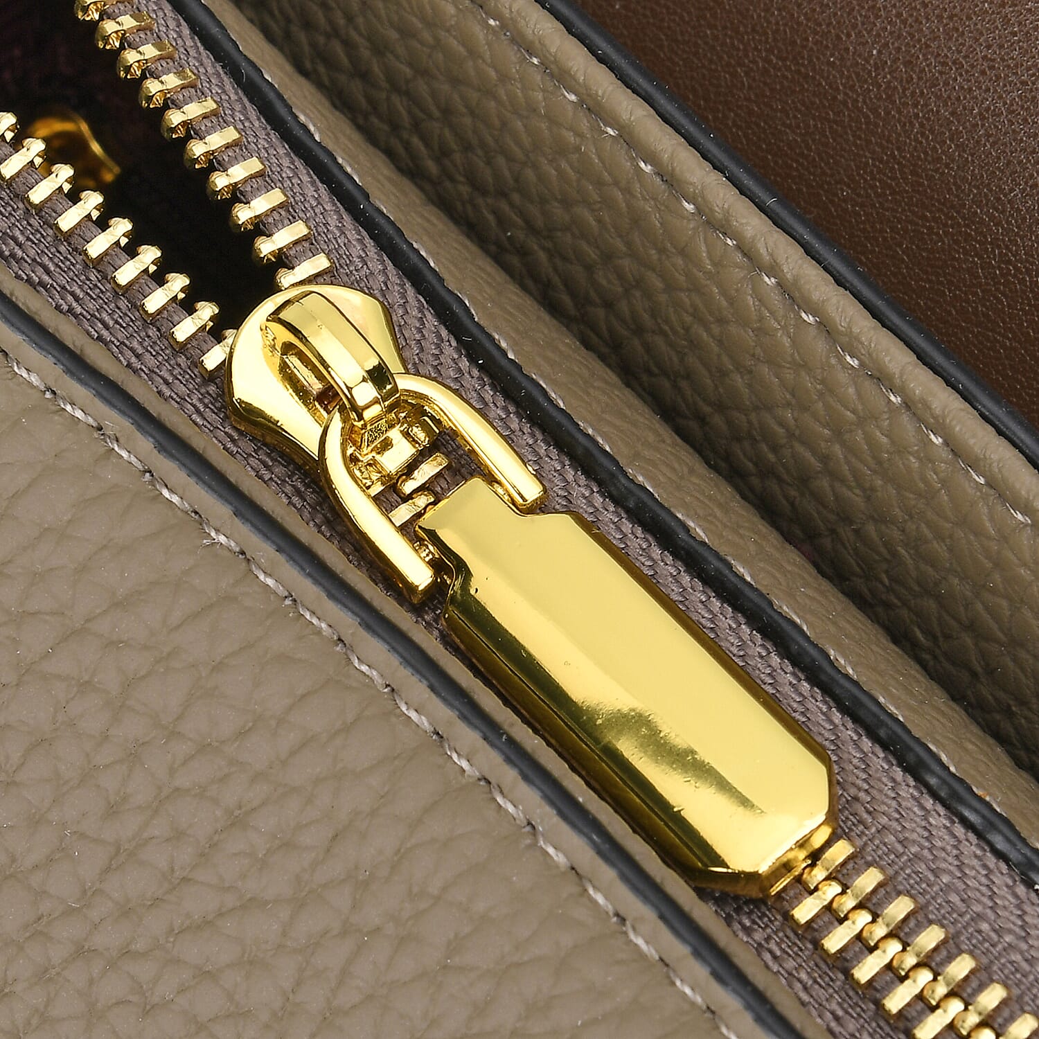 Genuine Leather Elegant Two-Tone Satchel Handbag With 2 Long Shoulder Strap - Khaki With Brown