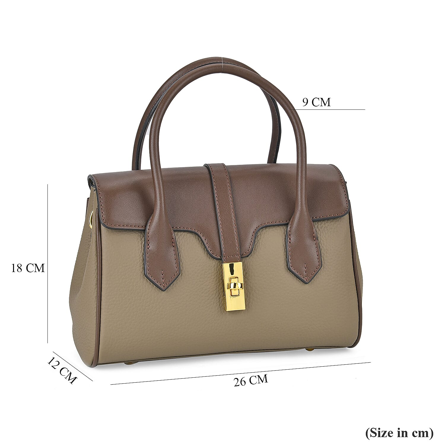 Genuine Leather Elegant Two-Tone Satchel Handbag With 2 Long Shoulder Strap - Khaki With Brown