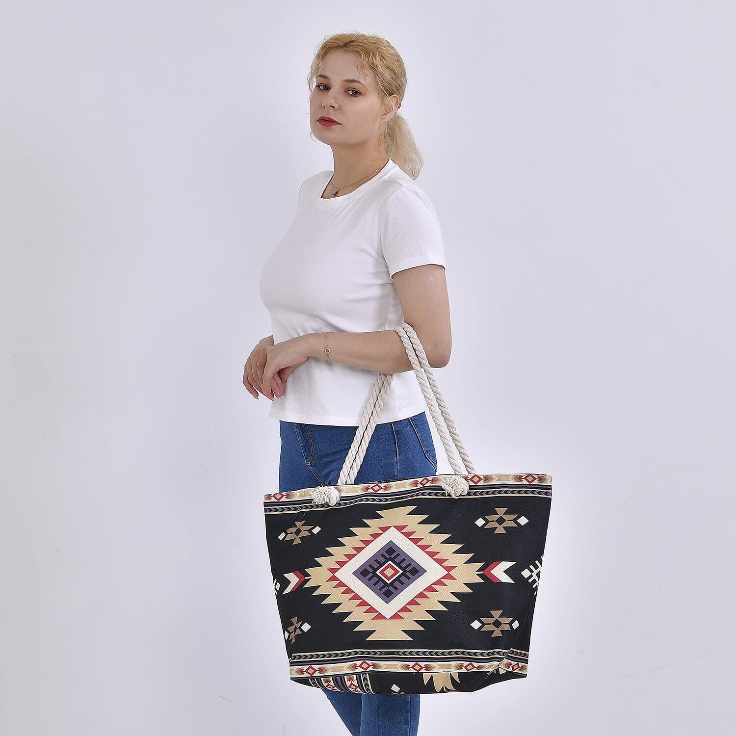 Polyester Tribal Tote Bag (Size 38x21x37 cm) - Black