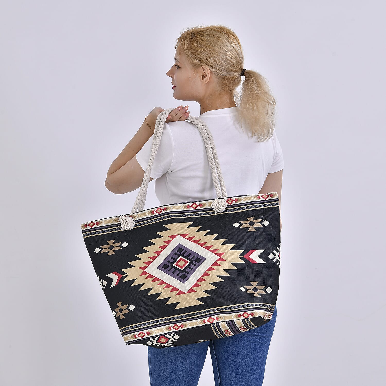 Polyester Tribal Tote Bag (Size 38x21x37 cm) - Black