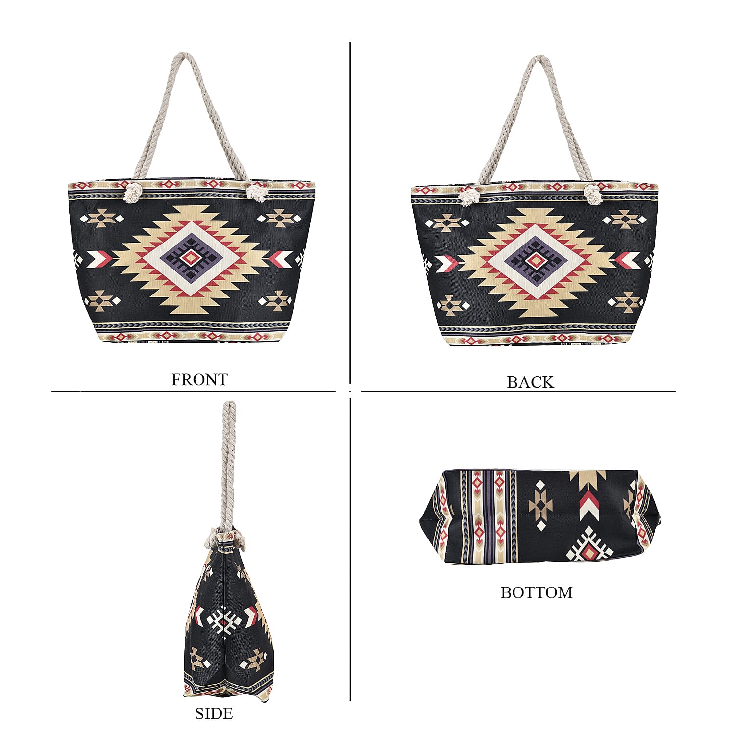 Polyester Tribal Tote Bag (Size 38x21x37 cm) - Black