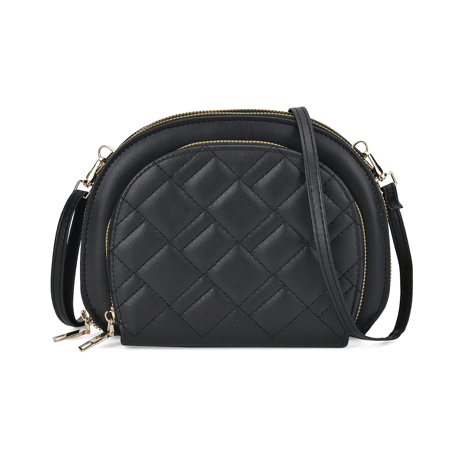 Leatherette Quilted Crossbody Bag with Log Strap - Black