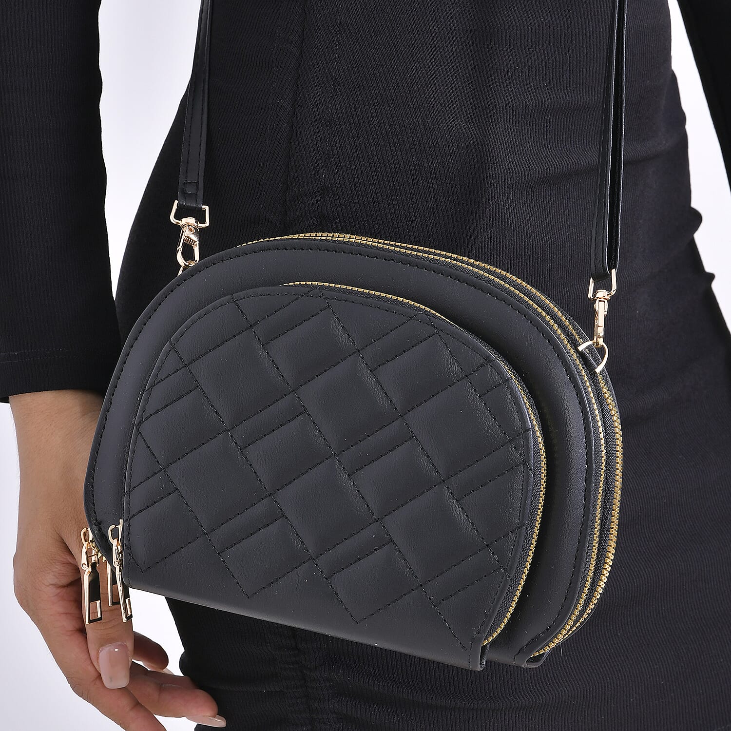 Leatherette Quilted Crossbody Bag with Log Strap - Black