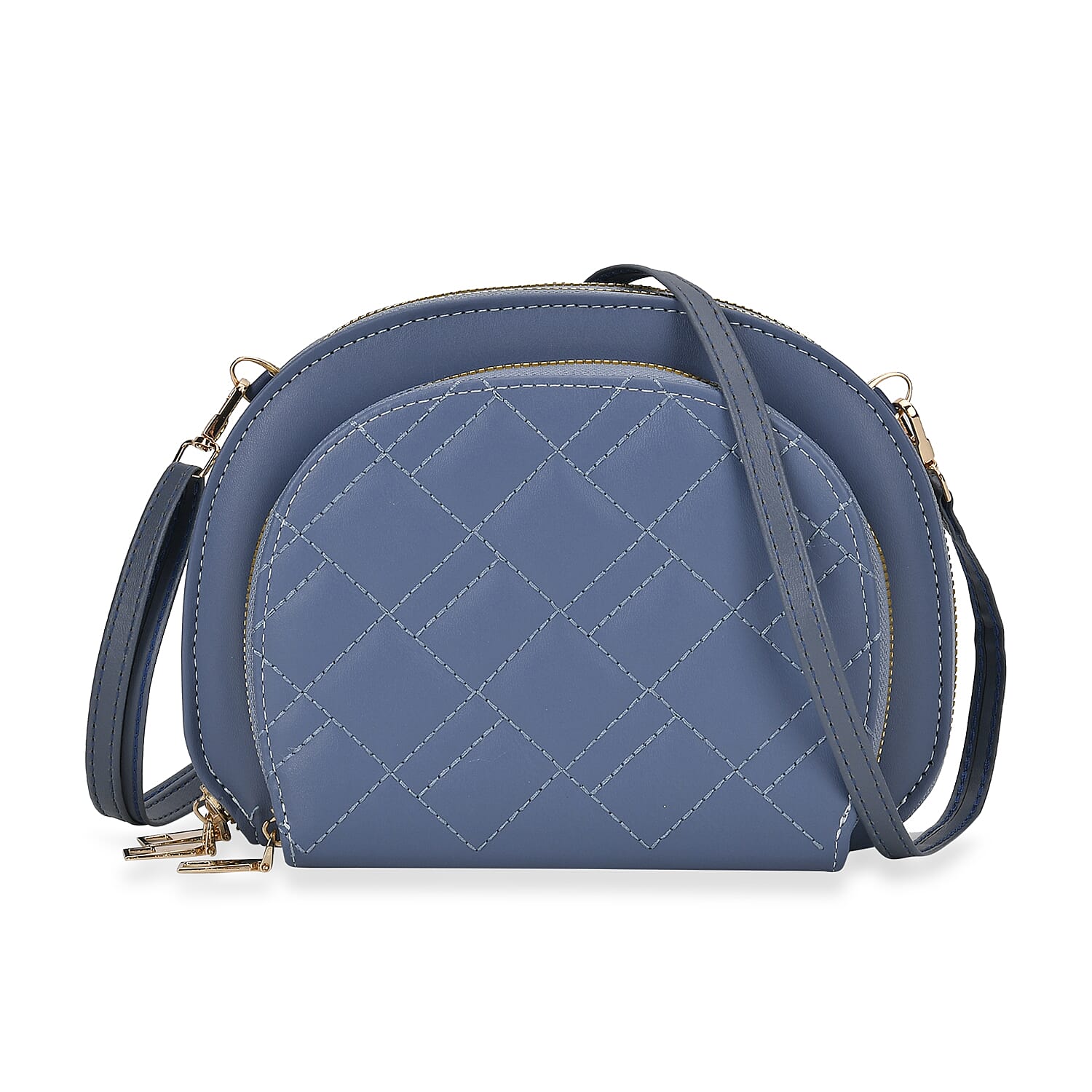 Leatherette Quilted Crossbody Bag with Log Strap - Navy