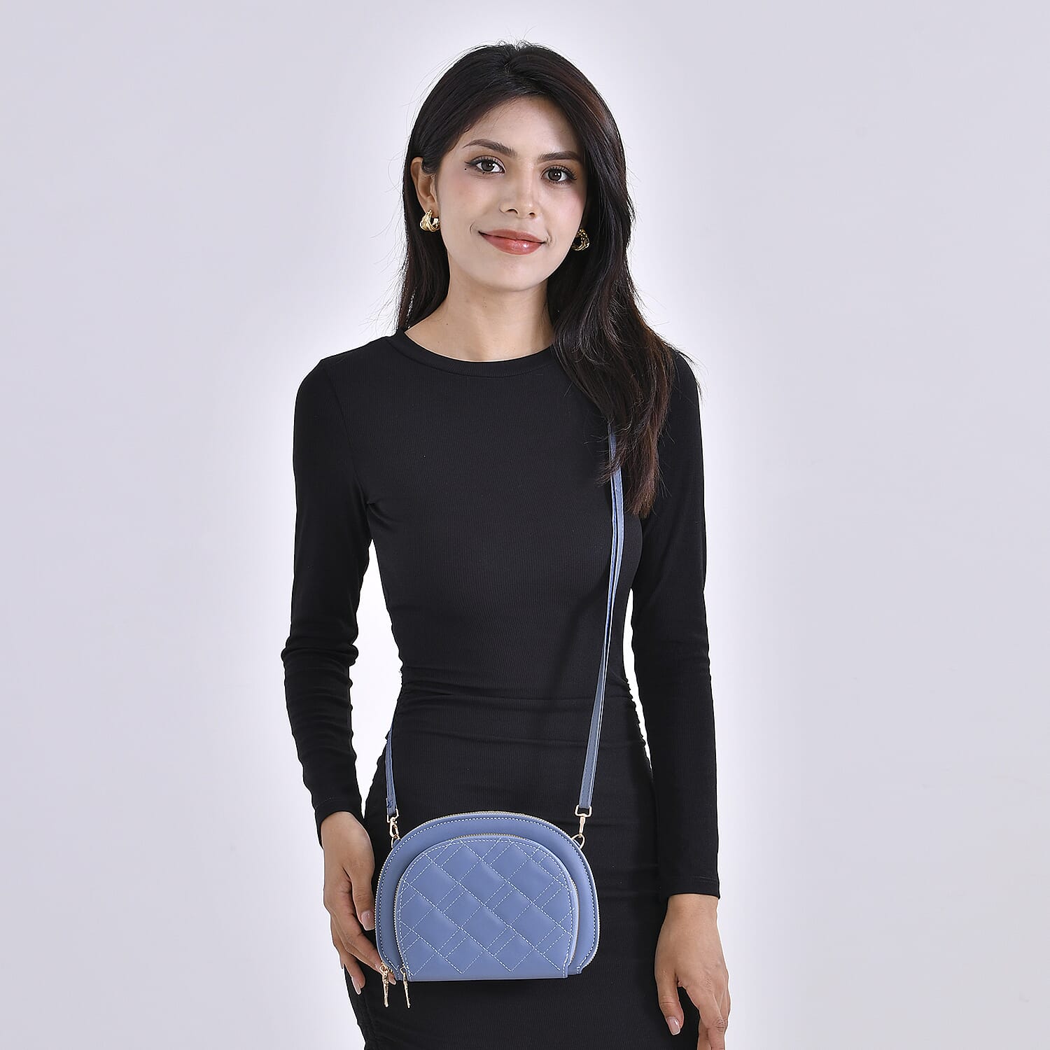 Leatherette Quilted Crossbody Bag with Log Strap - Navy