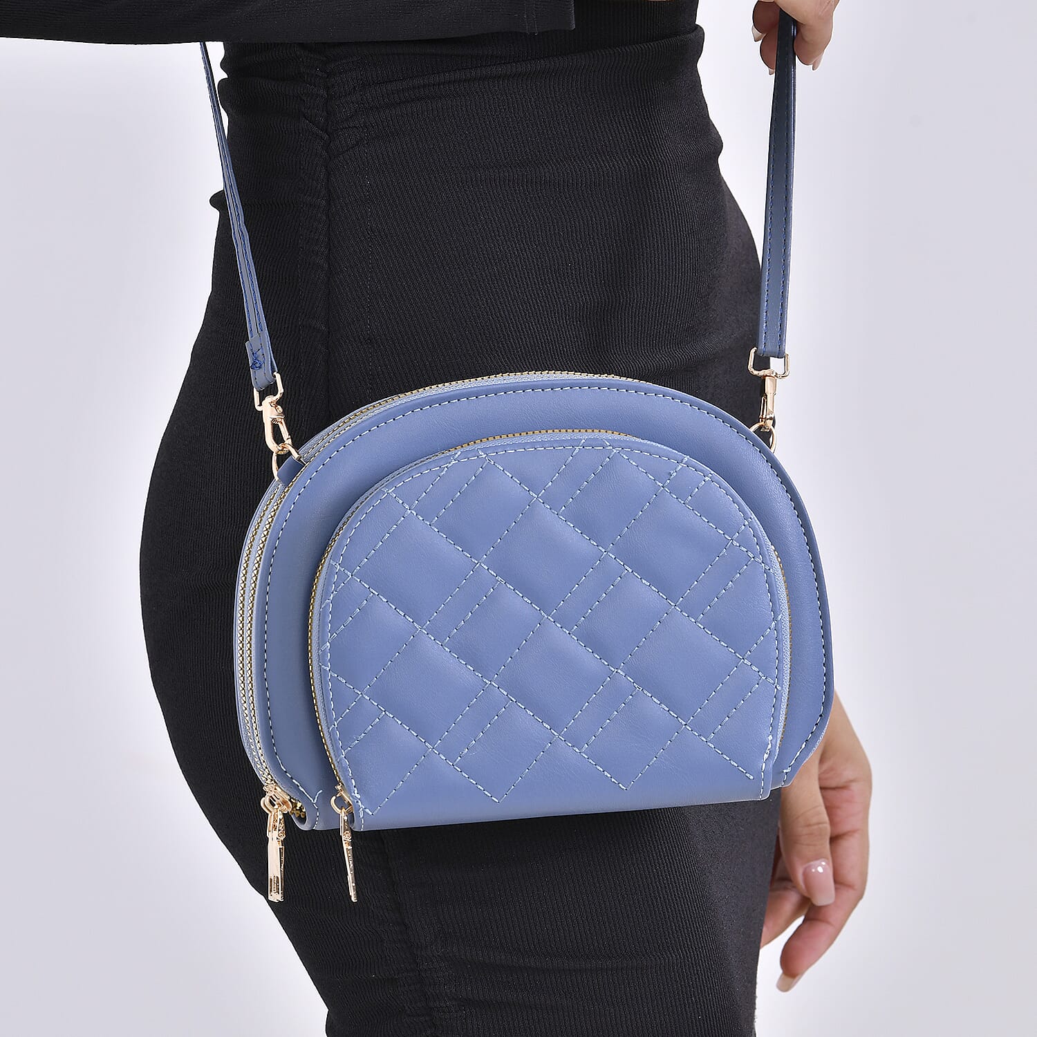 Leatherette Quilted Crossbody Bag with Log Strap - Navy