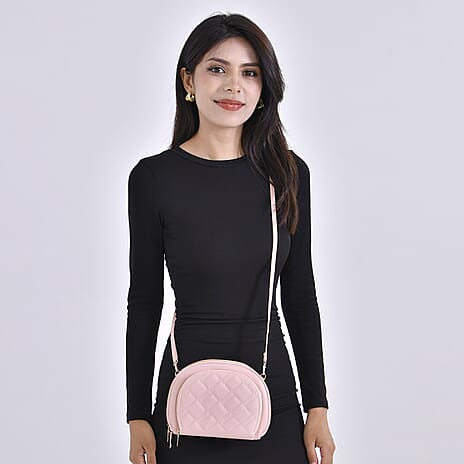 Leatherette Quilted Crossbody Bag with Log Strap - Pink