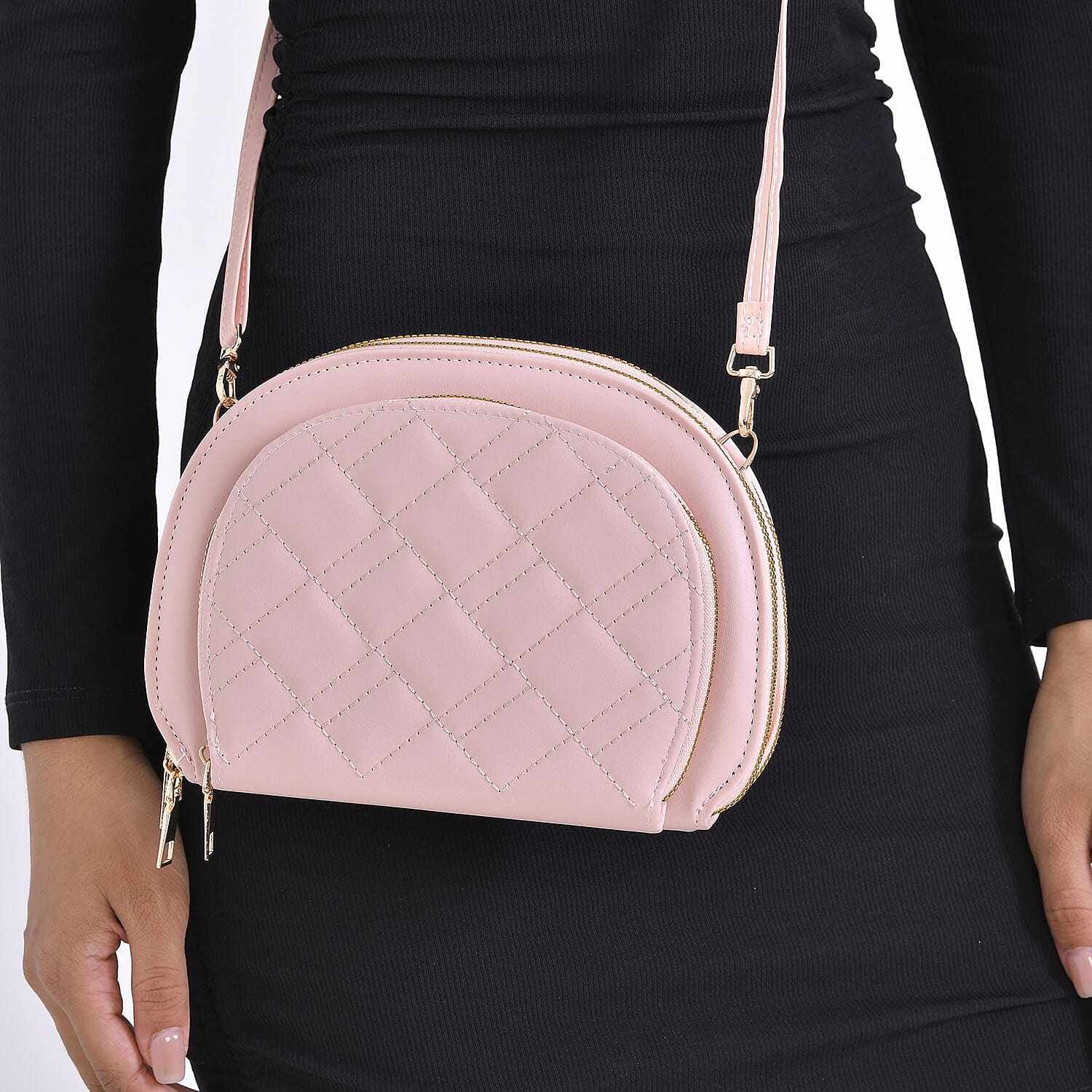 Leatherette Quilted Crossbody Bag with Log Strap - Pink