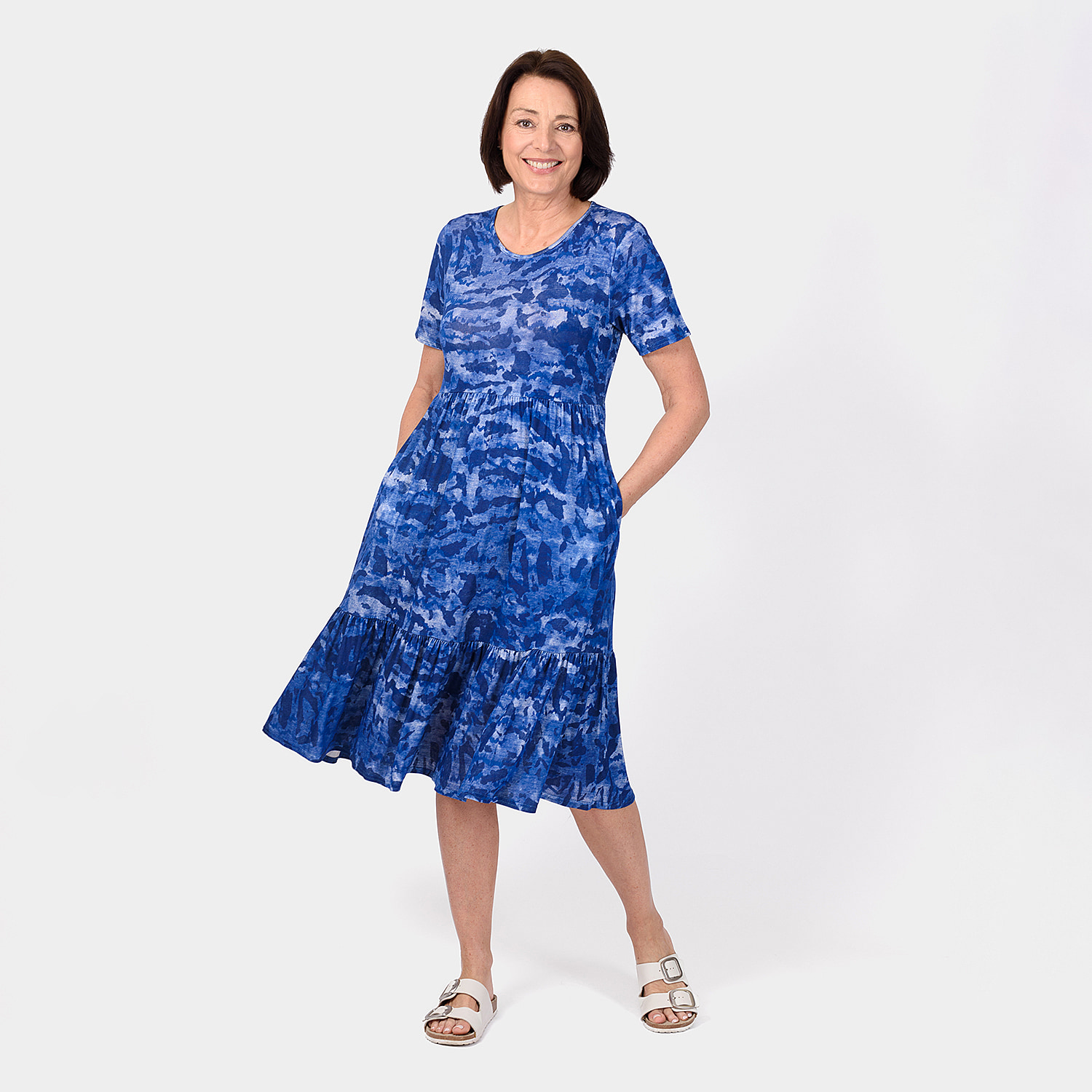 Emelia Abstract Print Midi Dress (Size L) - Blue