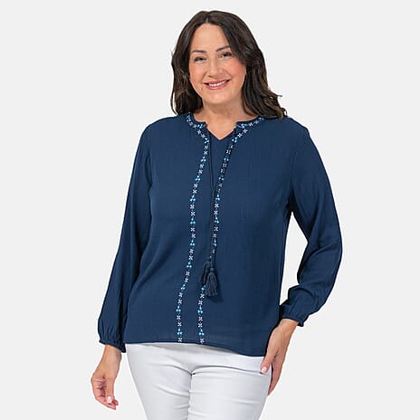 100% Viscose Crinkle Embroded Blouse (Size L) - Navy