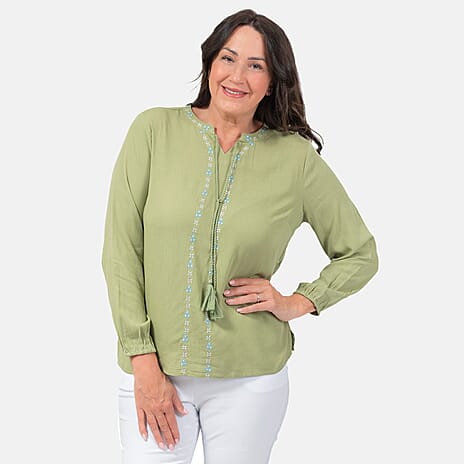Mudflower 100% Viscose Crinkle Embroidered Blouse (Size L) - Sage