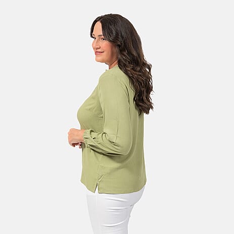 Mudflower 100% Viscose Crinkle Embroidered Blouse (Size L) - Sage