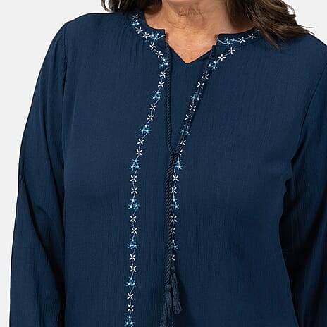 100% Viscose Crinkle Embroded Blouse (Size M) - Navy