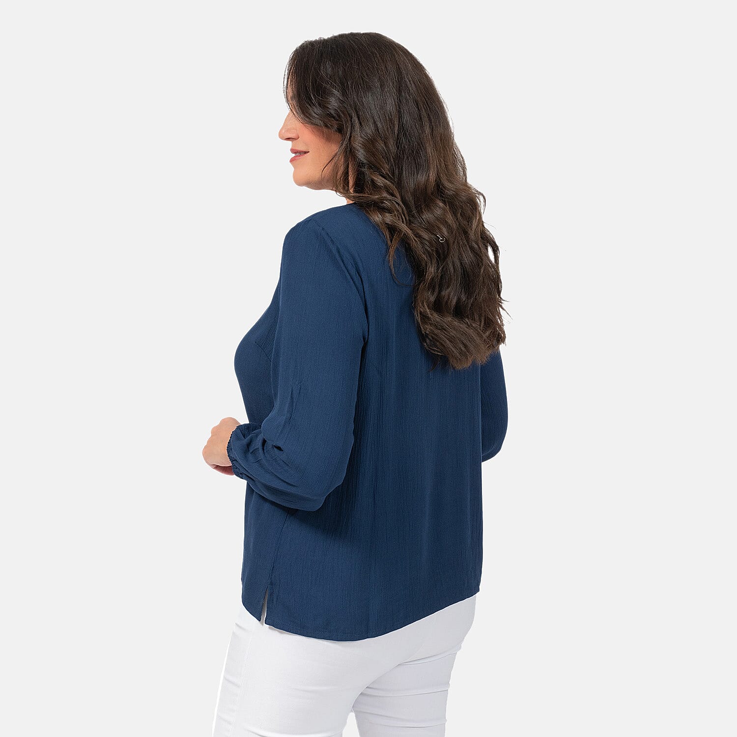 100% Viscose Crinkle Embroded Blouse (Size S) - Navy