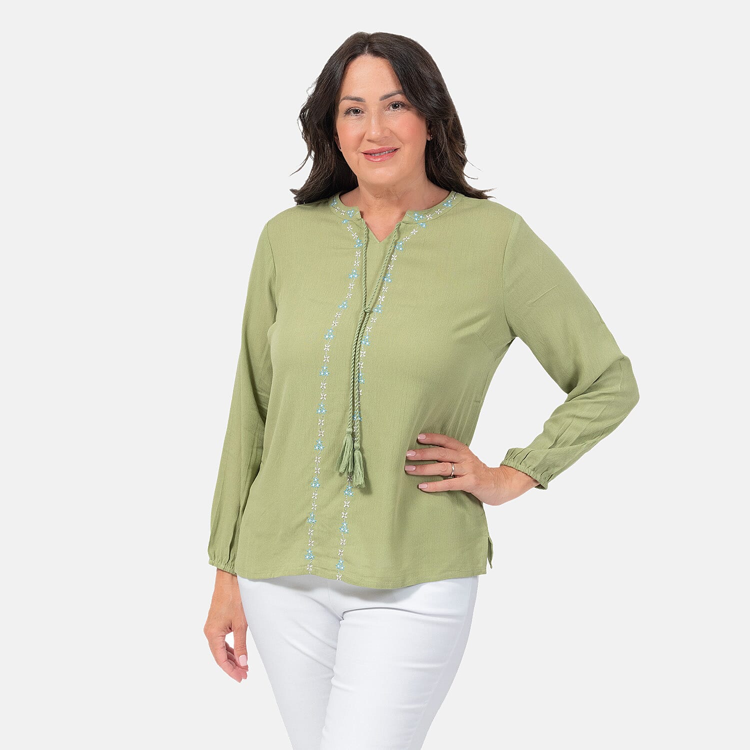 Mudflower-100-Viscose-Crinkle-Embroded-Blouse-Size-S-Sage