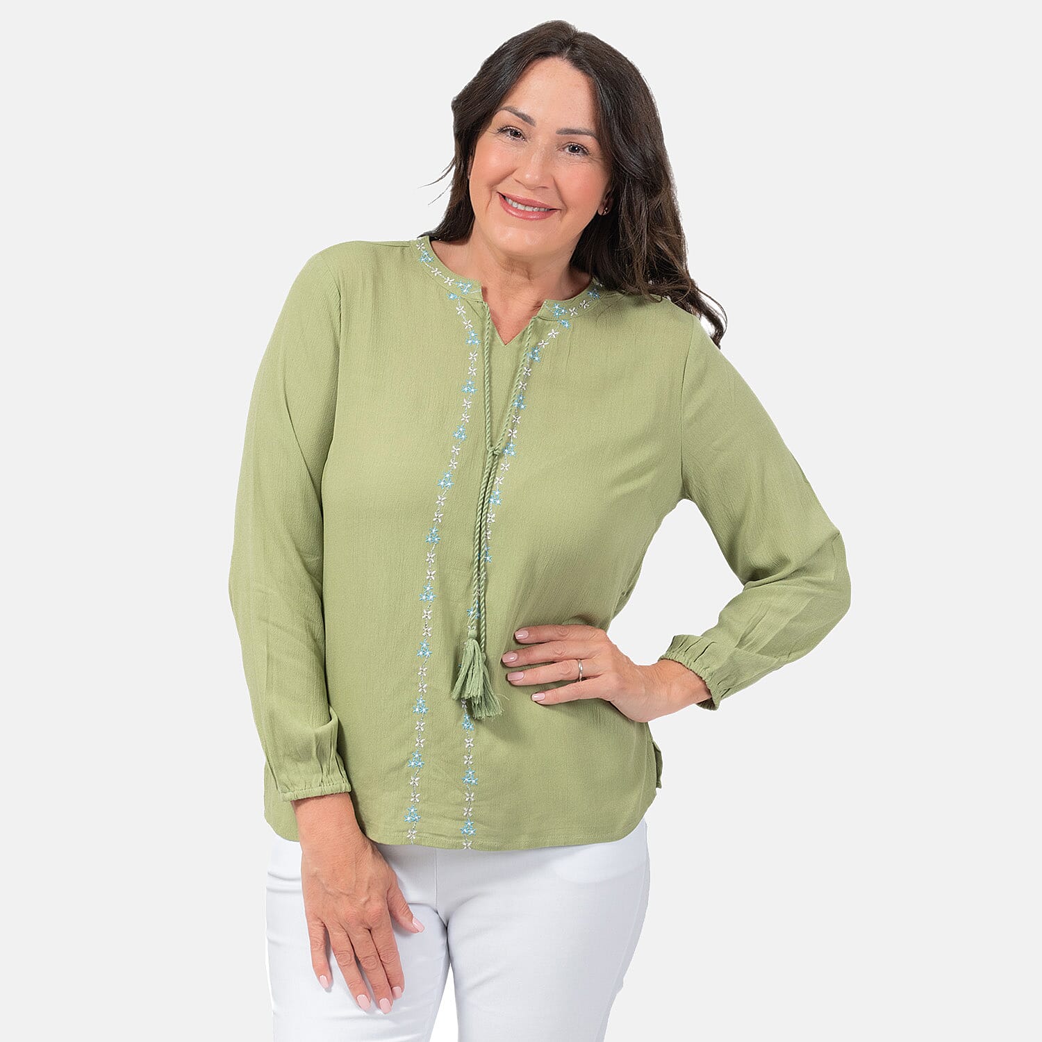 Mudflower-100-Viscose-Crinkle-Embroded-Blouse-Size-S-Sage